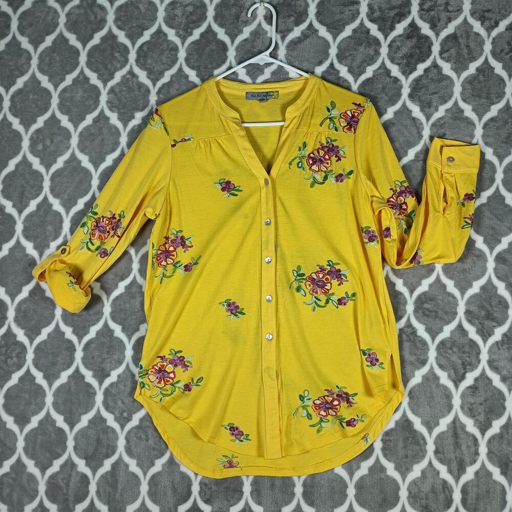 Figueroa & Flower Shirt‎ Women Medium Yellow Embroidered Boho Cottage Button Up
